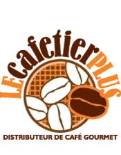Un ancien logo du Cafetier Plus, orange : « distributeur de café gourmet »